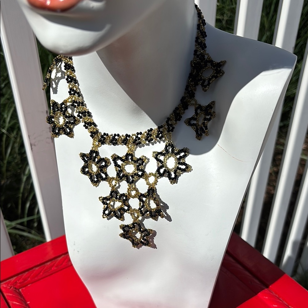 Beaded Flower Triangle Necklace and 16” Silver Look Magnetic Topaz Like Pendant